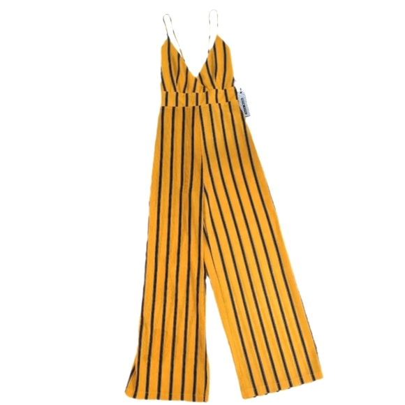 New Haute Monde Jumpsuit Gold Yellow with Brown Vertical Stripes Size Small - Picture 2 of 8